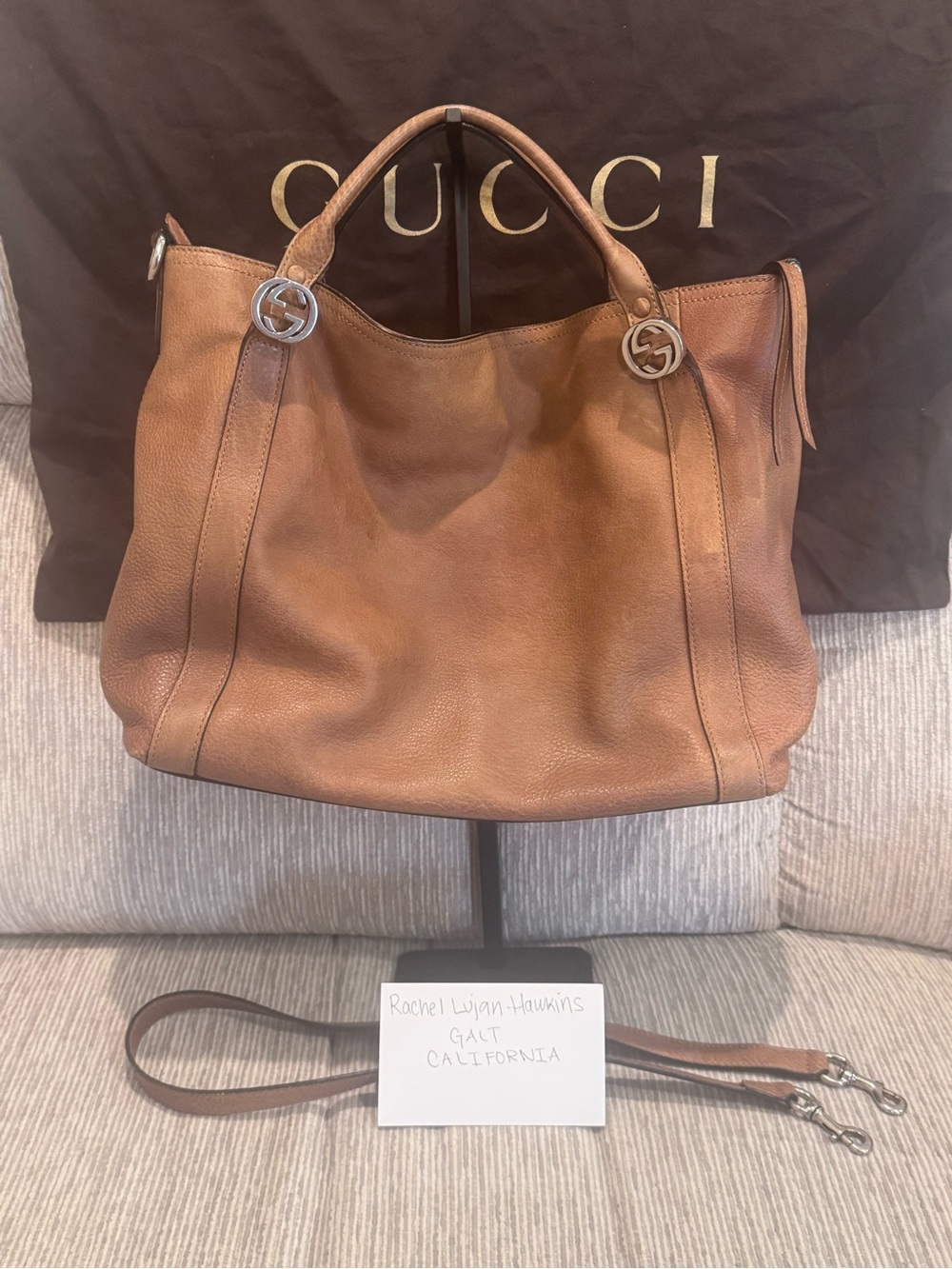 Gucci Tan Brown Leather Shoulder Tote with Double Handles